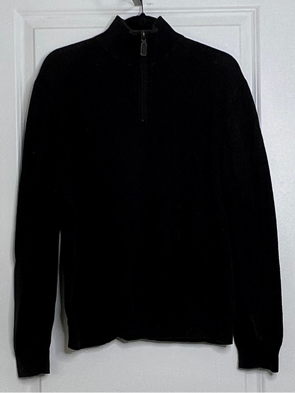 Eddie Bauer Sweater Mens M Black Cotton Cashmere Blend 1/4 Zip Pullover Flaw